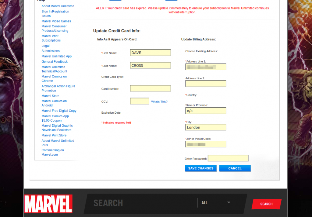 Marvel Credit Card Maintenance Page
